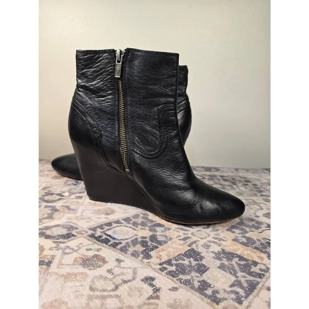 Frye Reina Wedge Ankle Boot Black Leather Women's Size 8.5